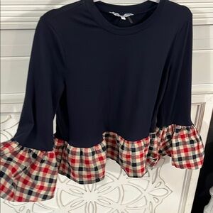 English Factory Navy and Plaid Ruffle Top